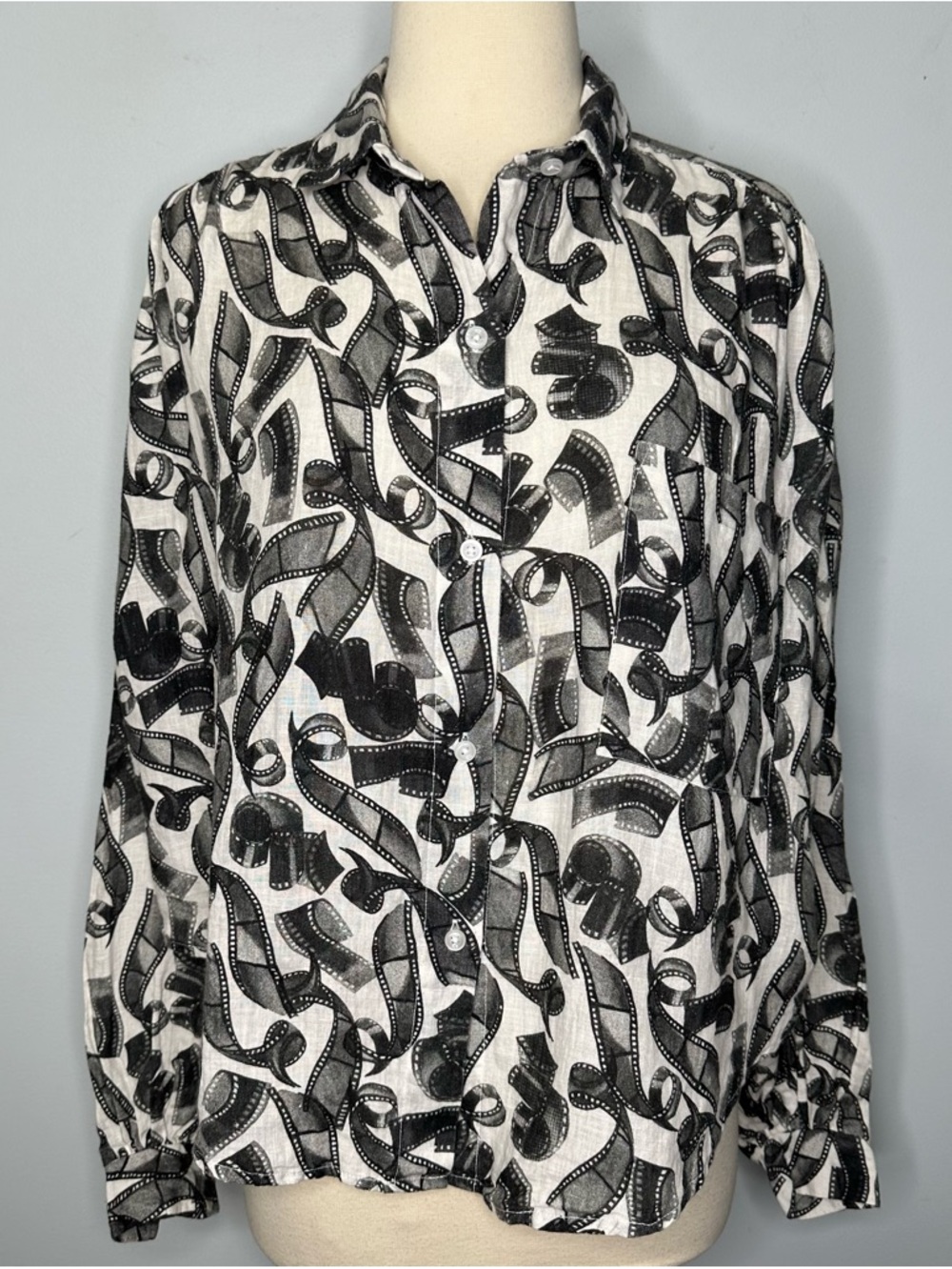 Built By Wendy Photo Film Printed 100% Linen Dolman Sleeve Shirt Top Size S